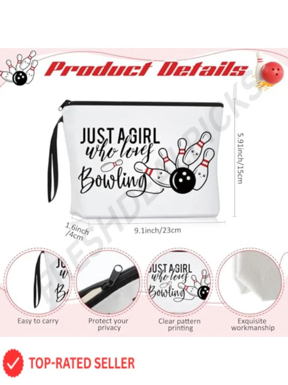 Bowling Gift Set Canvas Tote Bag and Makeup Pouch Cosmetics Organizer for Women